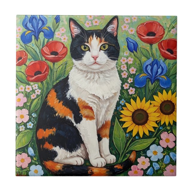 Carreau Calico Cat and Folk Art Sunflowers (Devant)