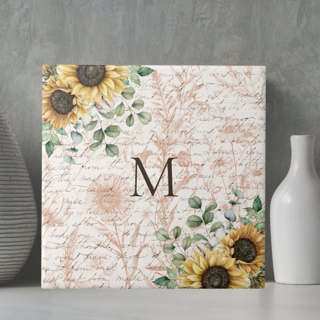 Carreau Calligraphie Tournesol Rustique Vintage Monogrammé (In situ on table)