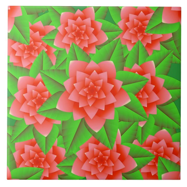 Carreau Camélias orange corail et feuilles vertes (Devant)