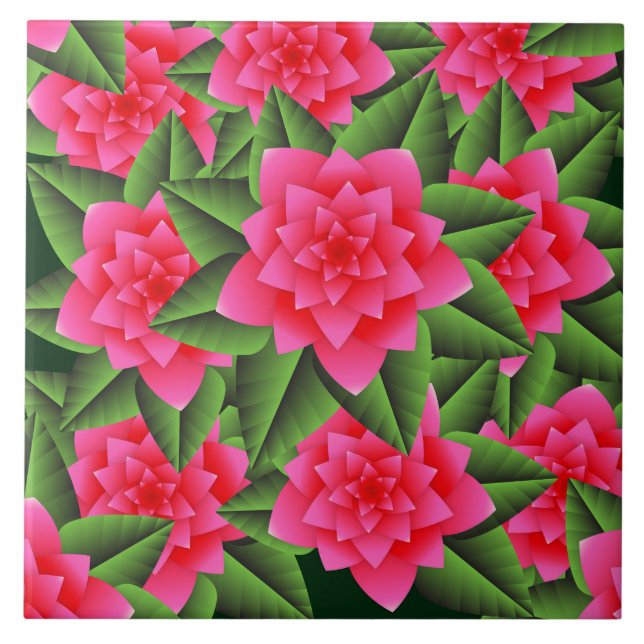 Carreau Camélias rose corail et feuilles vertes (Devant)