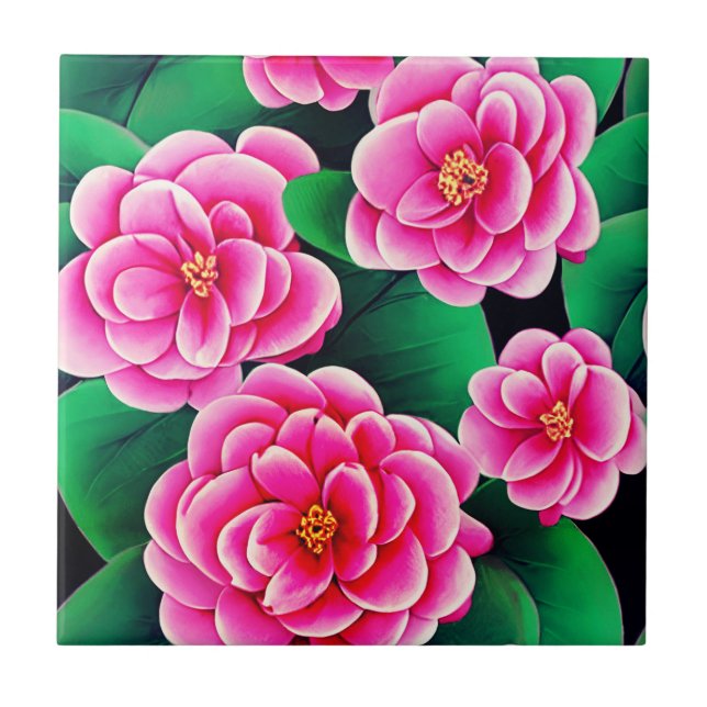 Carreau Camellias rose Fuchsia et Feuilles verts Jade (Devant)