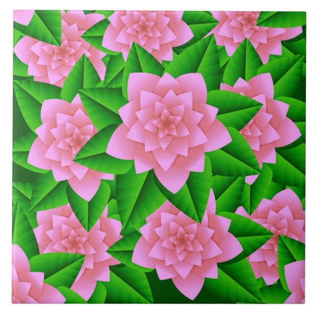 Carreau Camellias rose glace et Feuilles verts (Devant)