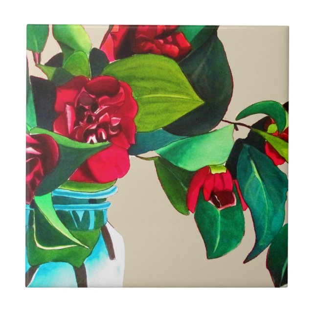 Carreau Camellias rouge avec fleur d'aquarelle de feuillag (Devant)
