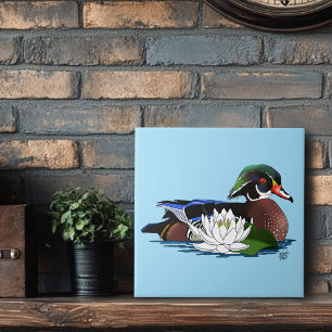 Carreau Canard en bois coloré nénuphar faune bleu