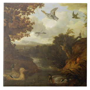 Carreau Canards et d'autres oiseaux au sujet d'un courant