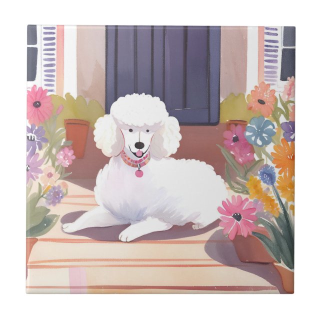 Carreau Caniche blanc | Fleurs aquarelle Chien Animal de c (Devant)