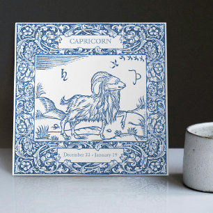 Carreau Capricorne signe du zodiaque vintage bleu Delft ho