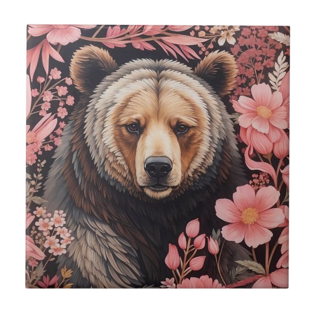 Carreau Captivant Brown Ours Gaze Fleurs roses (Devant)