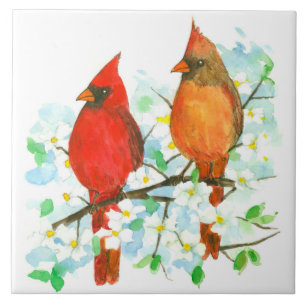 Carreau Cardinal Birds Dogwood Tree Aquarelle