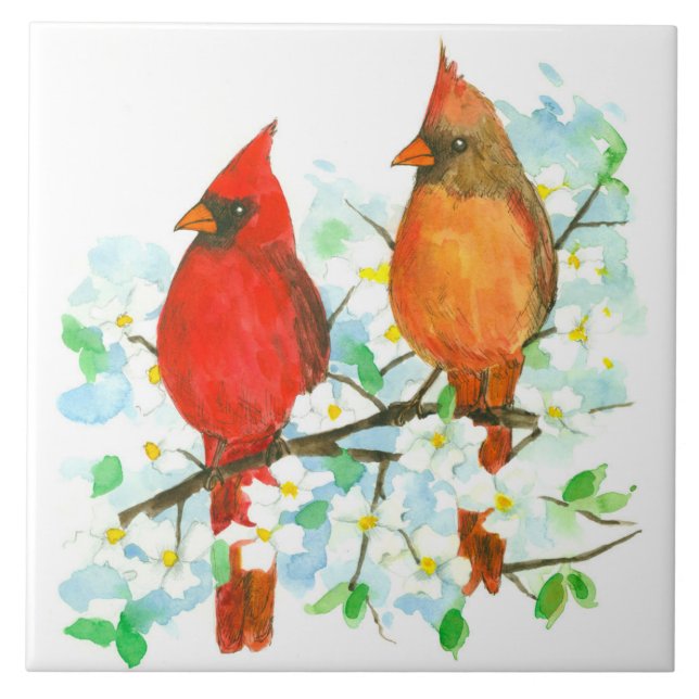 Carreau Cardinal Birds Dogwood Tree Aquarelle (Devant)