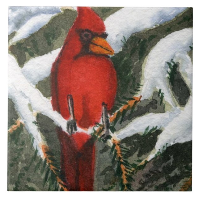 Carreau Cardinal des oiseaux rouges dans les pins enneigés (Devant)