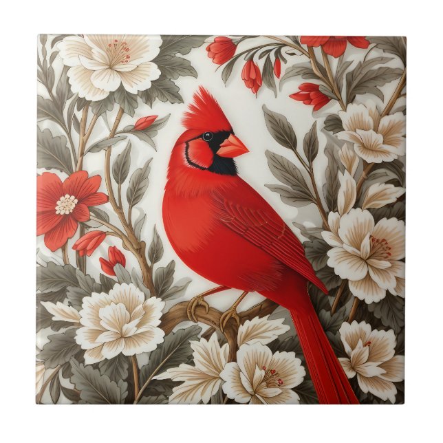 Carreau Cardinal du Nord Oiseau Belle Florale (Devant)