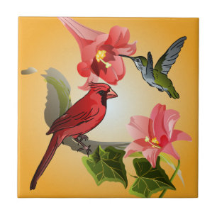 Carreau Cardinal et Colibri avec Lys roses et Ivy