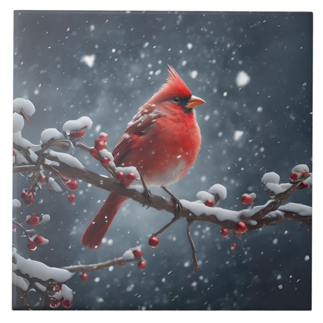 Carreau Cardinal rouge sur la branche de l'arbre en neige (Devant)