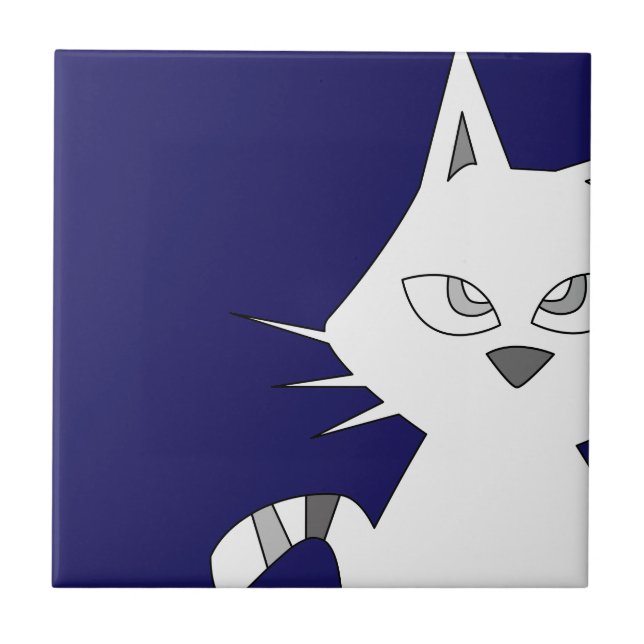 Carreau Caricature de chat blanc sur bleu (Devant)