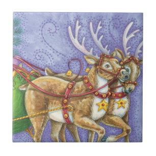 Carreau Caricature de Noël Santa Claus Sleigh Reindeer