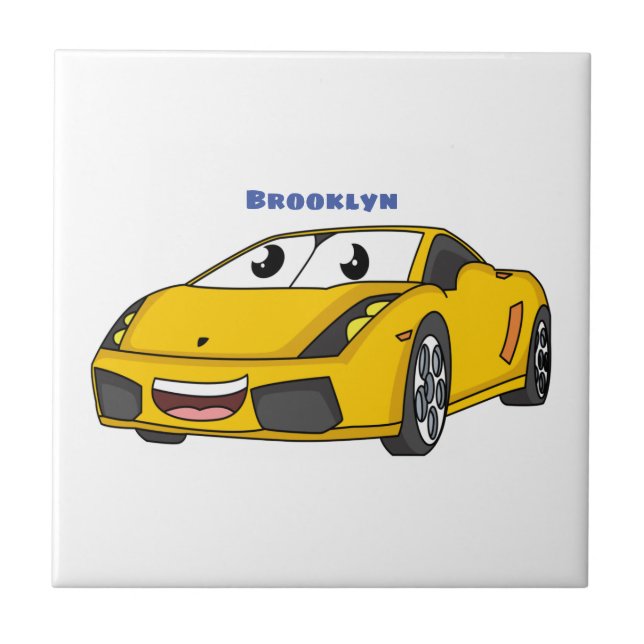 Carreau Caricature de voiture sport jaune joyeux (Devant)