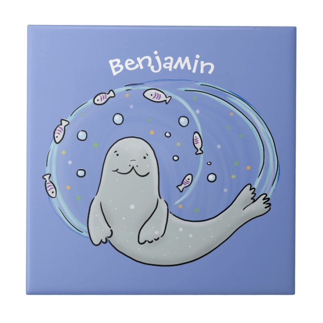 Carreau Caricature joyeux de phoque et de poisson bleu (Devant)