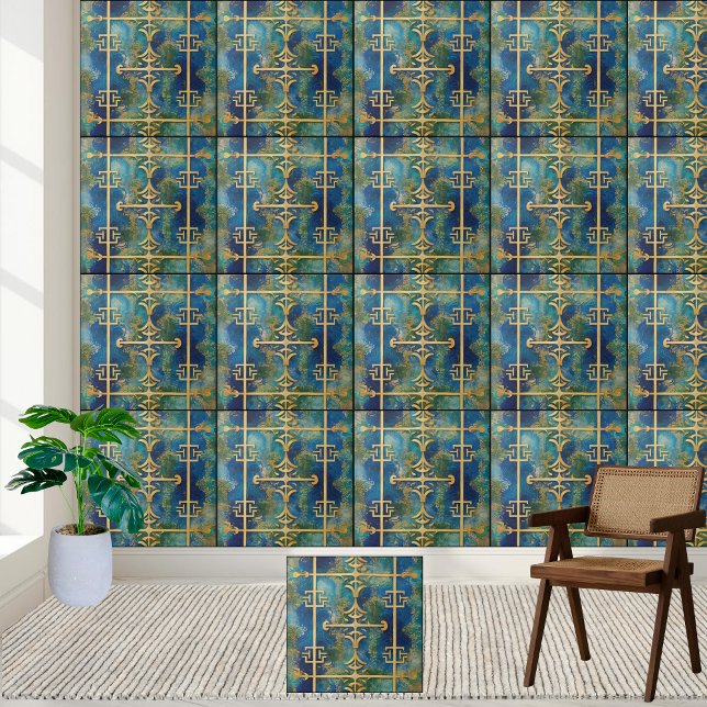 Carreau Carrelage à clé grecque de luxe en Turquoise et or (Luxurious Greek Key Tile in Teal and Gold)
