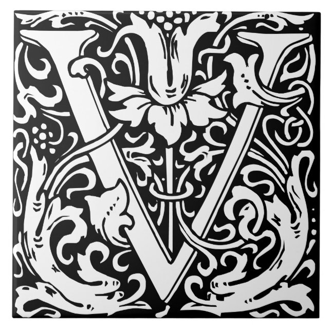 Carreau Carrelage à lettre monogramme alphabet floral V (Devant)