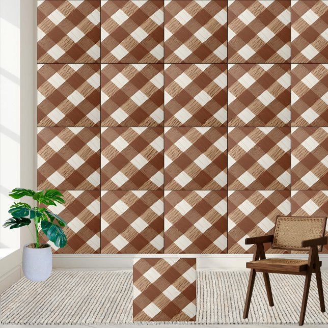 Carreau Carrelage Brown et blanc À damiers bois (Stylish Brown and White Checkered Wood Grain Tile)