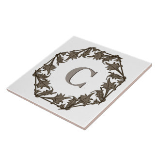 Carreau Carrelage - Cercle de Feuilles avec Monogramme