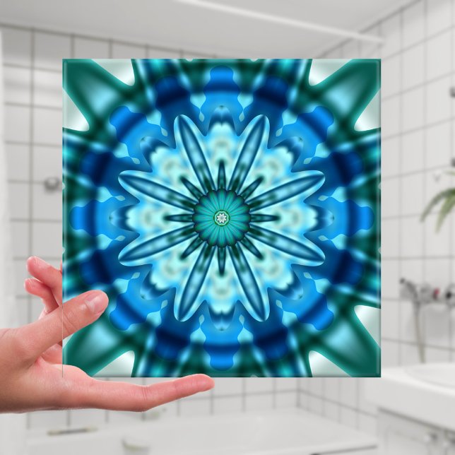 Carreau Carrelage d'art fractal de l'océan magique (Bathroom tile with a beautiful blue and teal geometrical abstract fractal design)