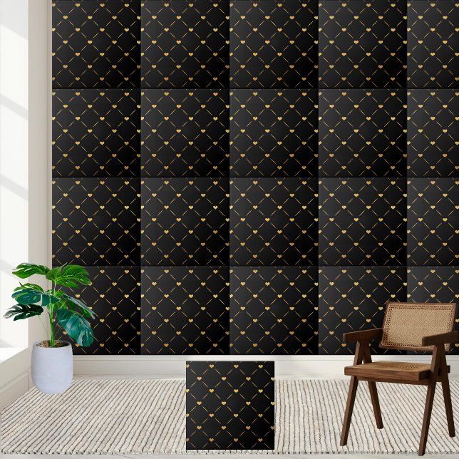 Carreau Carrelage de Coeurs Noir et Or Luxueux et Élégant (Luxurious and Elegant Black and Gold Hearts Tile)
