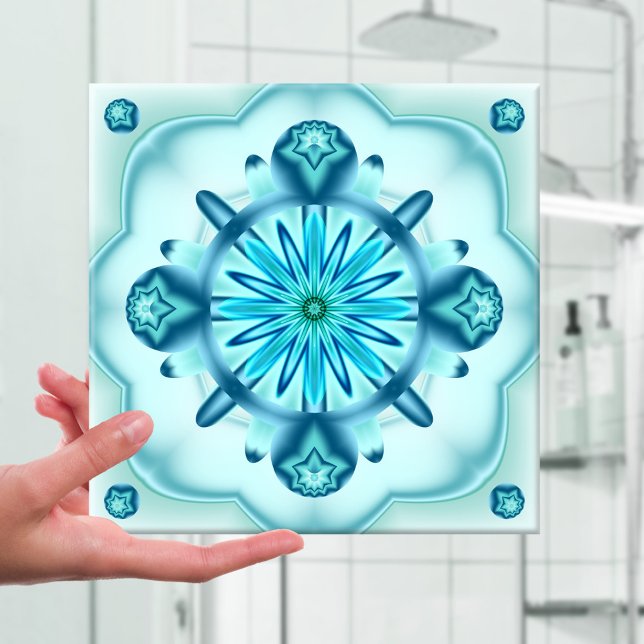 Carreau Carrelage de conception découpée bleu turquoise d' (Fractal abstract art tile in blue and turquoise with a floral star geometric pattern)