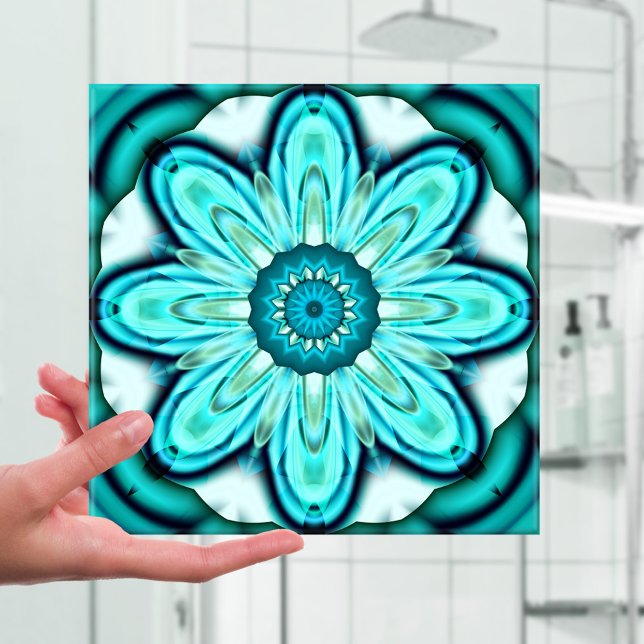 Carreau Carrelage de la salle de bains en fleur turquoise (Ceramic bathroom tile featuring a fractal design in turquoise teal in the shape of a star flower)