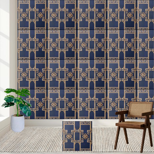 Carreau Carrelage de Motif de la clé grecque de luxe en ma (Luxurious Greek Key Pattern Tile in Navy and Gold)