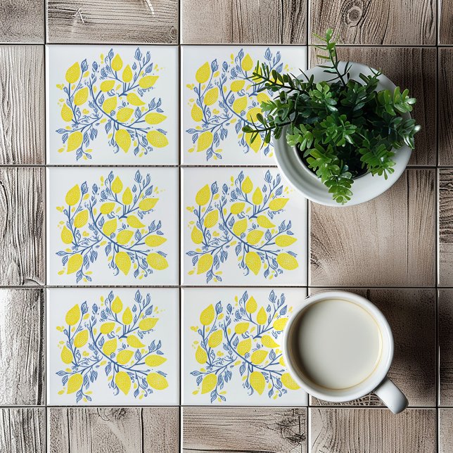 Carreau Carrelage de vignes de citron jaune et bleu (Yellow and Blue Lemon Vines, bright mediterranean style tile)
