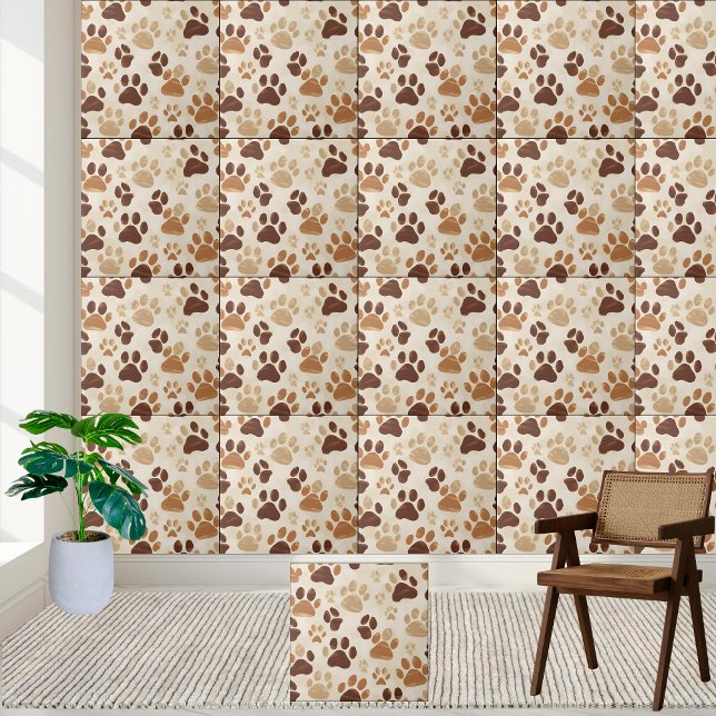 Carreau Carrelage Empreinte de patte Brown et beige (Brown and Beige Paw Print Pattern Tile)