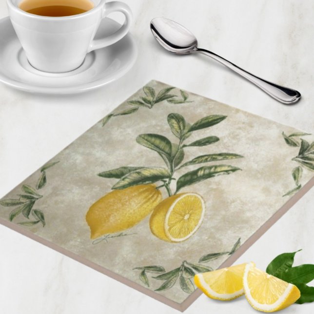 Carreau Carrelage en céramique avec citrons Vintages (Vintage European Lemons Stone Texture Neutral Kitchen Tile or Trivet use)