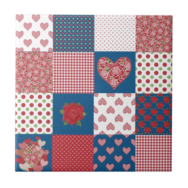 Carreau Carrelage en céramique Coeurs et Rose Faux Patchwo (Devant)