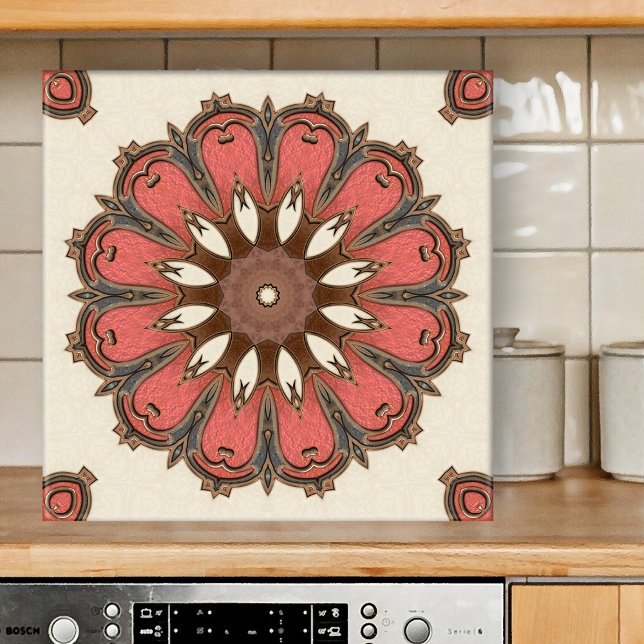 Carreau Carrelage en céramique d'art géométrique Abstrait (Tile featuring an abstract geometric star pattern inspired by Mediterranean art in warm earth tones )