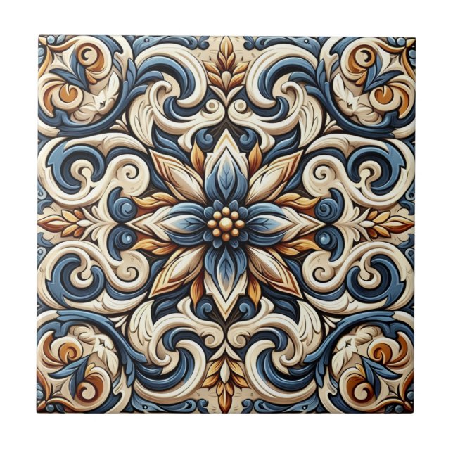 Carreau Carrelage en céramique - Design bleu, or et blanc (Devant)