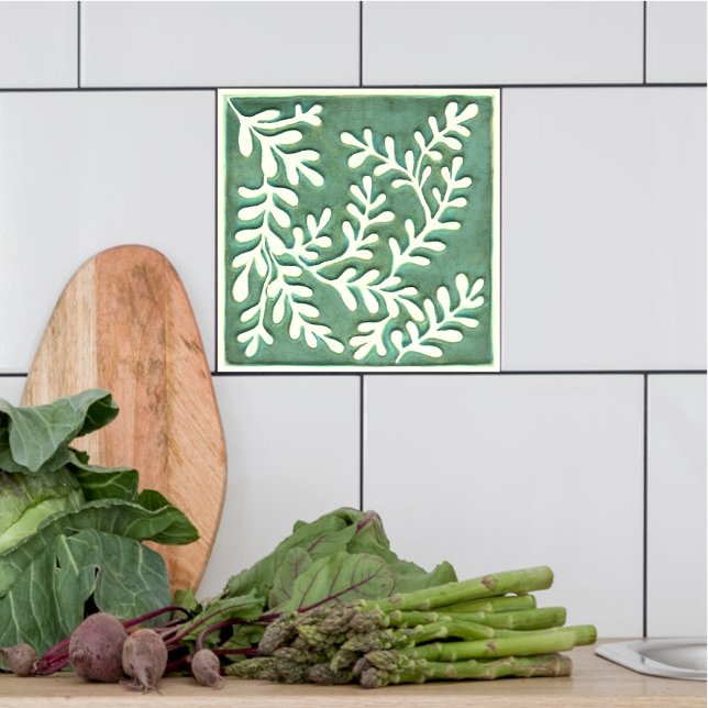 Carreau Carrelage en céramique feuille vert et blanc (Green and white tile on a kitchen backsplash.)