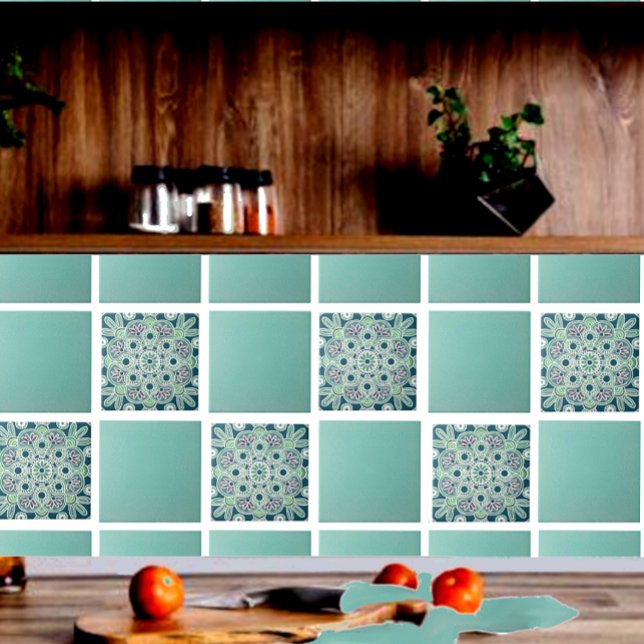 Carreau Carrelage en céramique Géométrique avec vert clair (Green geometric tile shown on a kitchen backsplash with  green field tiles.)