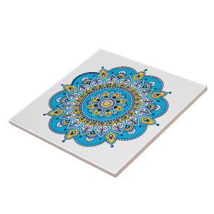 Carreau Carrelage en céramique Mandala bleu et jaune.