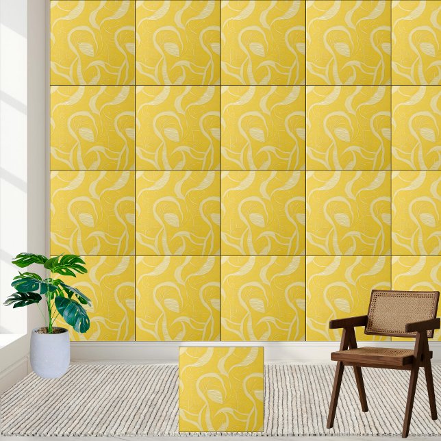 Carreau Carrelage en céramique Motif Abstrait Jaune Sunny (Sunny Yellow Abstract Swirl Pattern Ceramic Tile)