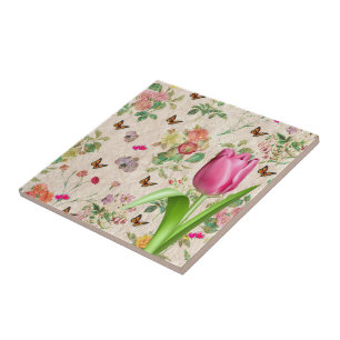 Carreau Carrelage en céramique Papillon floral Tulipe rose