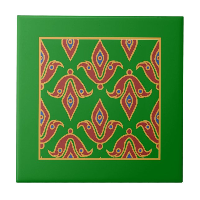 Carreau Carrelage en céramique vert, rouge, fleur de lys (Devant)