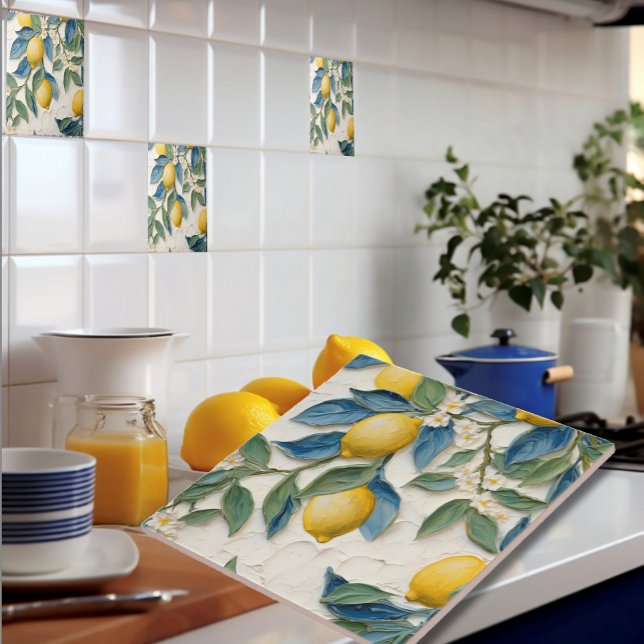 Carreau Carrelage en forme de citron à l'aspect peint à la (Hand Painted Look Lemons and Leaves with Blossoms - Ceramic Tile - Bridal Shower Favor)