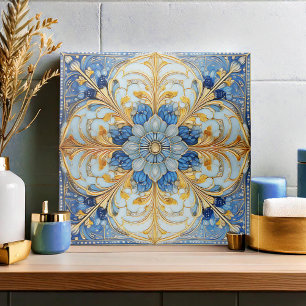 Carreau Carrelage floral baroque Pat#17 Or bleu doux ID107