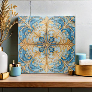 Carreau Carrelage floral baroque Pat#19 Aqua Blue Gold ID1