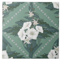 Carrelage floral blanc et vert
