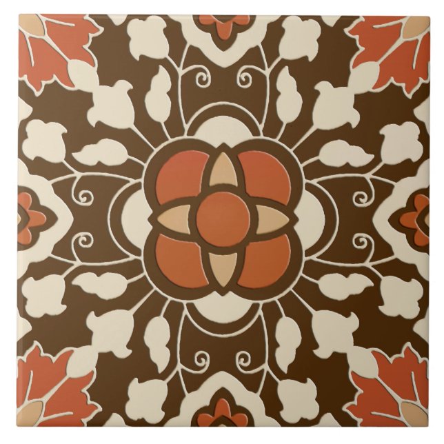 Carreau Carrelage Floral marocain, Brown, Rust et Beige (Devant)