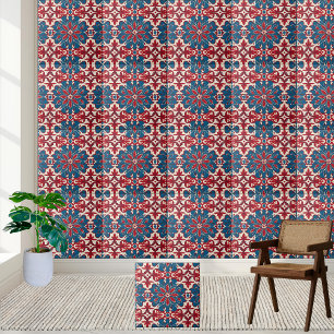 Carreau Carrelage floral scandinave Motif en rouge et bleu