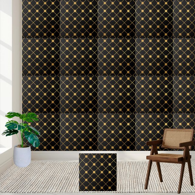 Carreau Carrelage géométrique Preppy Black et Gold (Preppy Black and Gold Geometric Tile)